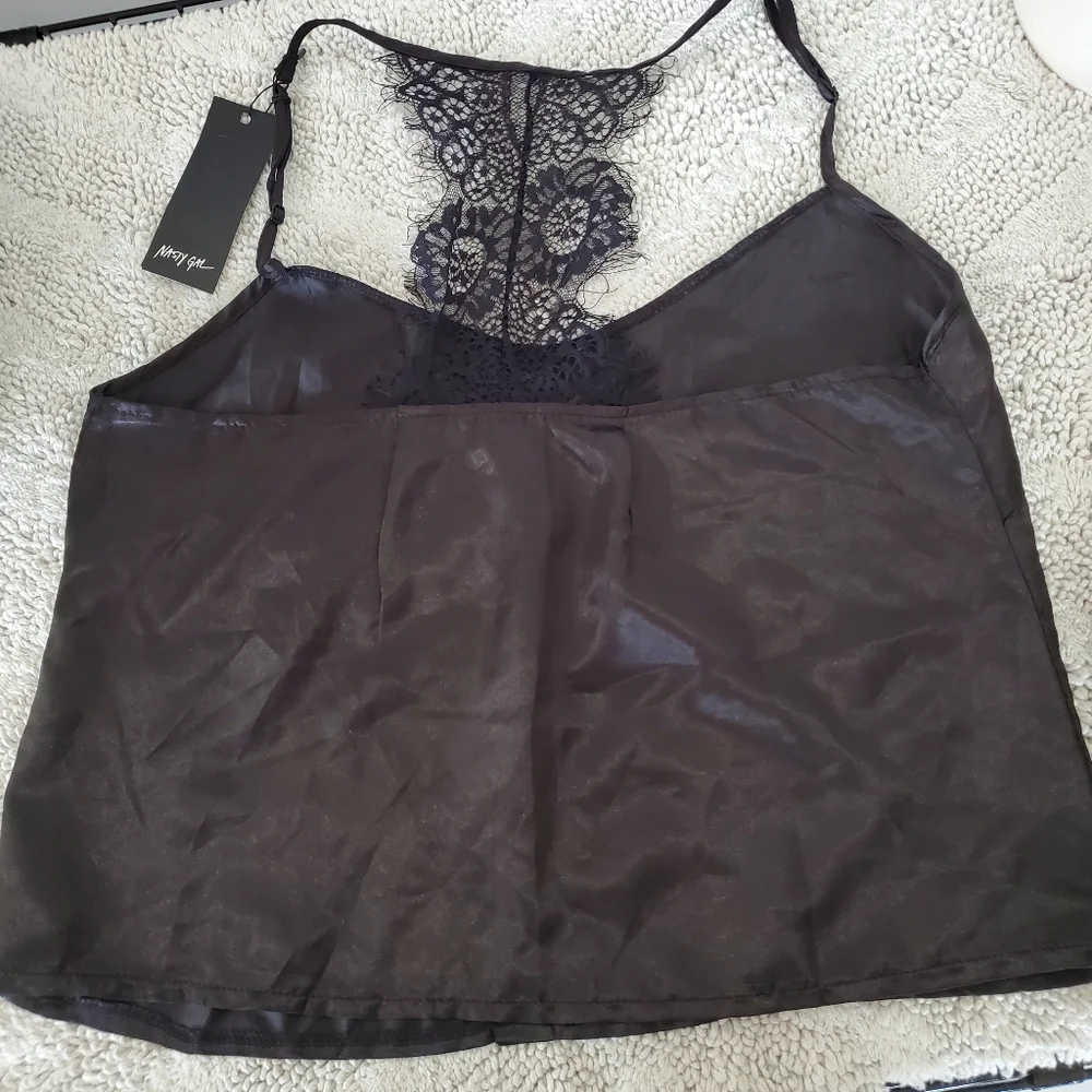 NWT NASTY GAL Sz M Black Silky Cami Top Spaghetti Straps Eyelash Lace T-Back Y2K - Picture 2 of 16